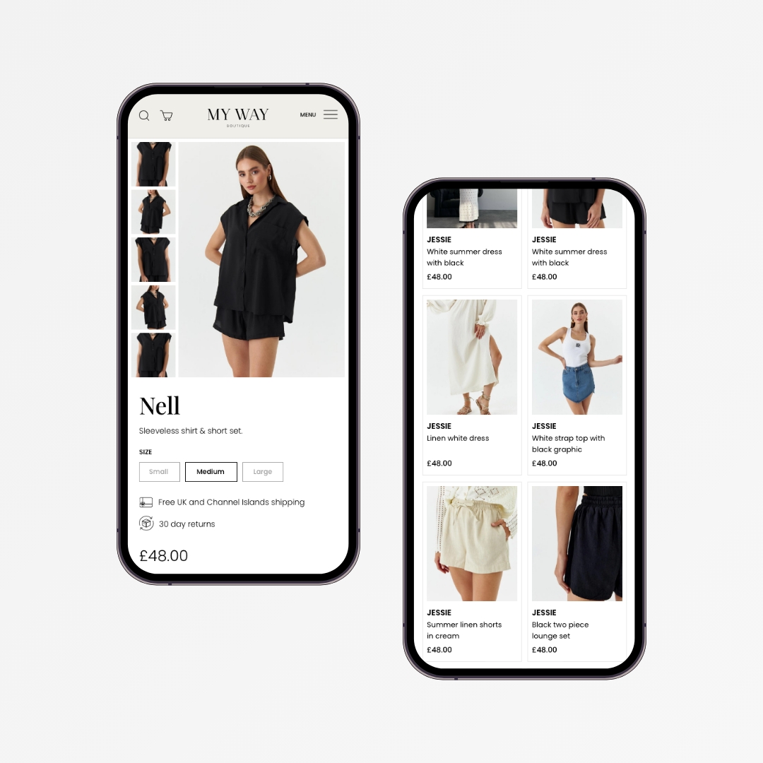 Online shopping app displaying clothing items and prices.